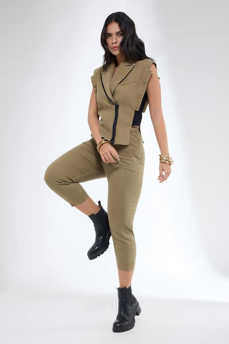 Krati Jain Brown Denim V-neck Khaki Waistcoat And Ankle Length Pants 