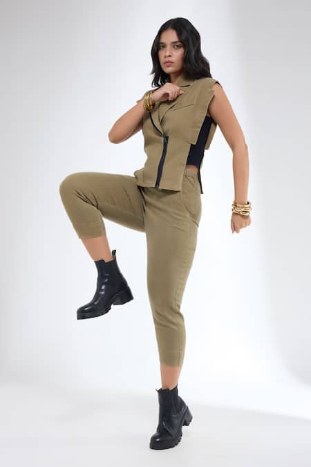 Krati Jain_Brown Denim V-neck Khaki Waistcoat And Ankle Length Pants _Online_at_Aza_Fashions