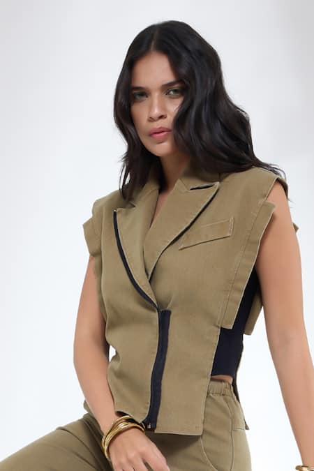 Krati Jain_Brown Denim V-neck Khaki Waistcoat And Ankle Length Pants _at_Aza_Fashions