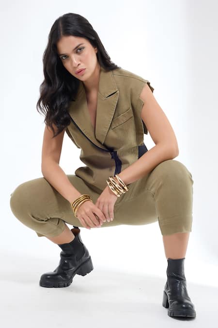 Buy_Krati Jain_Brown Denim V-neck Khaki Waistcoat And Ankle Length Pants 