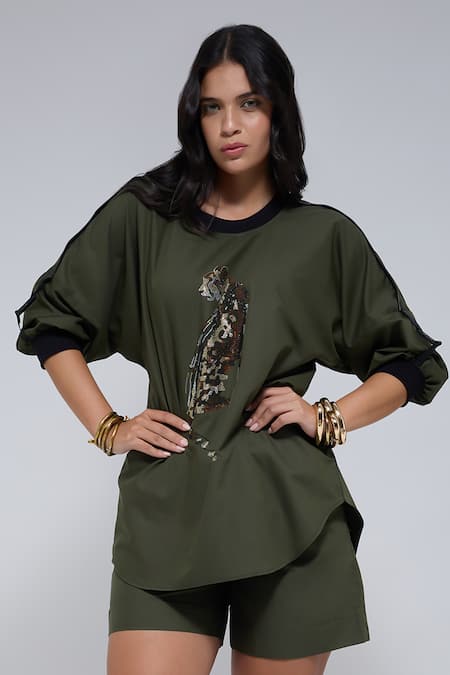 Krati Jain_Olive Green Cotton Round Neck Leopard Motif Top And Shorts Set _Online_at_Aza_Fashions
