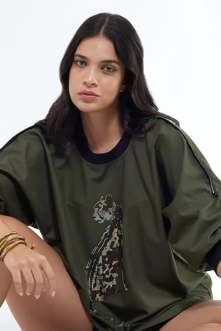 Buy_Krati Jain_Olive Green Cotton Round Neck Leopard Motif Top And Shorts Set _Online_at_Aza_Fashions