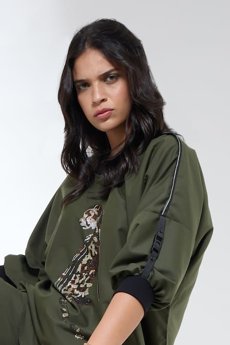 Shop_Krati Jain_Olive Green Cotton Round Neck Leopard Motif Top And Shorts Set _Online_at_Aza_Fashions