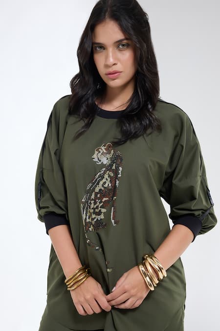Krati Jain_Olive Green Cotton Round Neck Leopard Motif Top And Shorts Set _at_Aza_Fashions