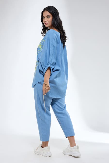 Krati Jain Floral Print Denim Shirt & Pant Set 