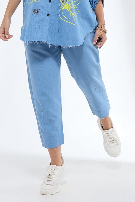 Krati Jain_Blue Denim Embroidery Collared Floral Print Shirt And Pant Set _Online_at_Aza_Fashions