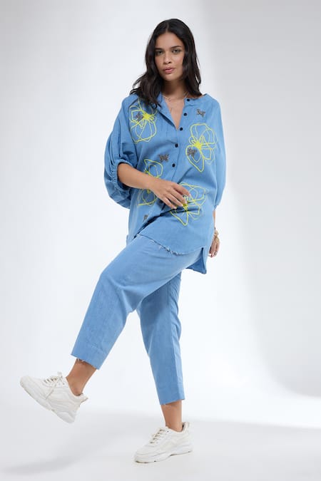 Krati Jain_Blue Denim Embroidery Collared Floral Print Shirt And Pant Set _at_Aza_Fashions
