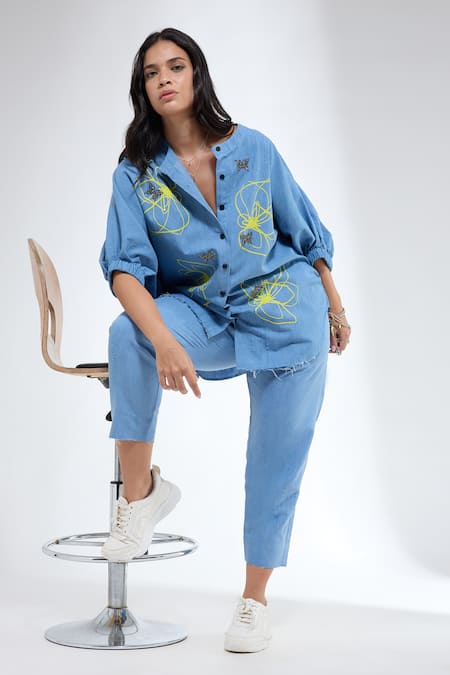 Buy_Krati Jain_Blue Denim Embroidery Collared Floral Print Shirt And Pant Set 