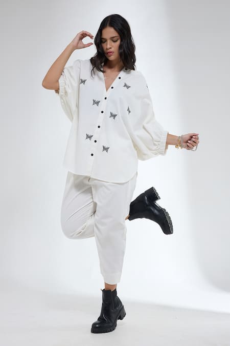 Krati Jain_Off White Denim Embroidery V-neck Butterfly Motif Shirt And Pant Set _Online_at_Aza_Fashions