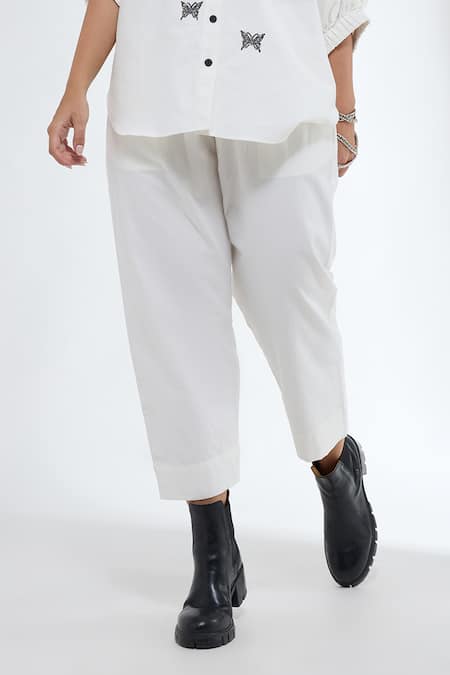 Buy_Krati Jain_Off White Denim Embroidery V-neck Butterfly Motif Shirt And Pant Set _Online_at_Aza_Fashions