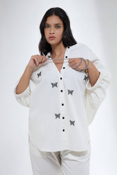 Shop_Krati Jain_Off White Denim Embroidery V-neck Butterfly Motif Shirt And Pant Set _Online_at_Aza_Fashions