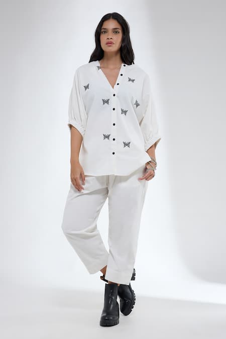 Krati Jain Off White Denim Embroidery V-neck Butterfly Motif Shirt And Pant Set 