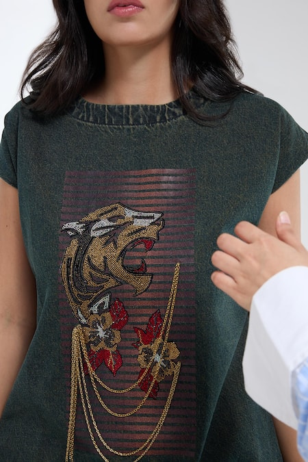 Krati Jain_Green Denim Embroidery Round Neck Teal Anti-fit Dress _Online_at_Aza_Fashions