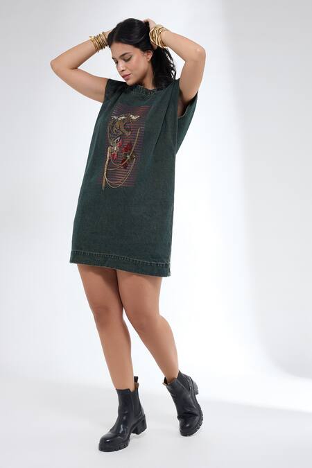 Buy_Krati Jain_Green Denim Embroidery Round Neck Teal Anti-fit Dress _Online_at_Aza_Fashions