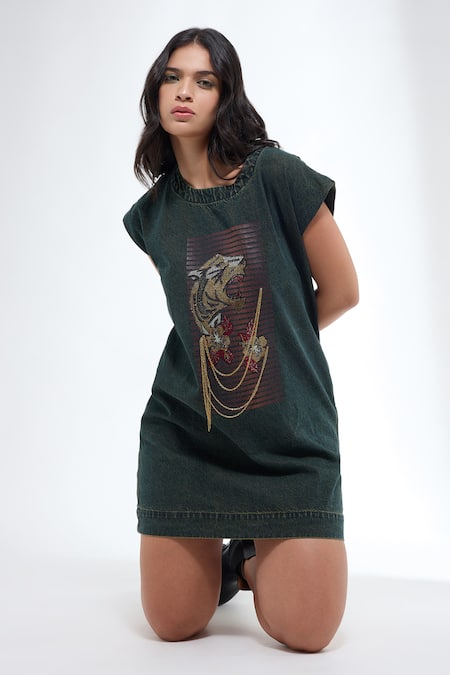Shop_Krati Jain_Green Denim Embroidery Round Neck Teal Anti-fit Dress _Online_at_Aza_Fashions