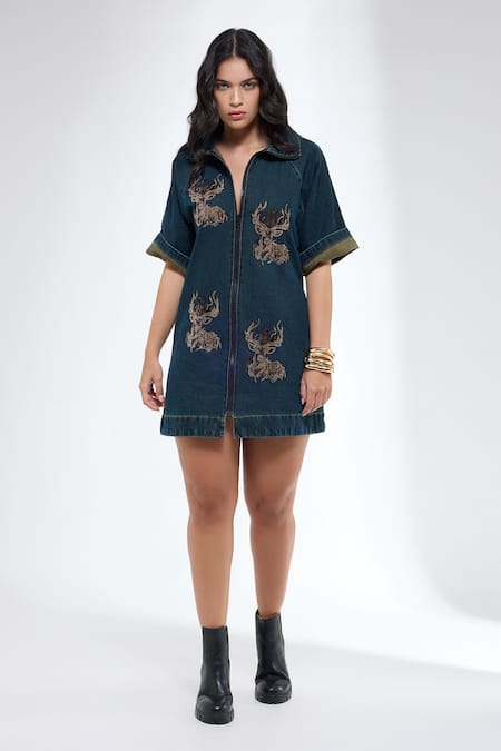Krati Jain Teal Denim Studs Collared Zip Shift Dress 