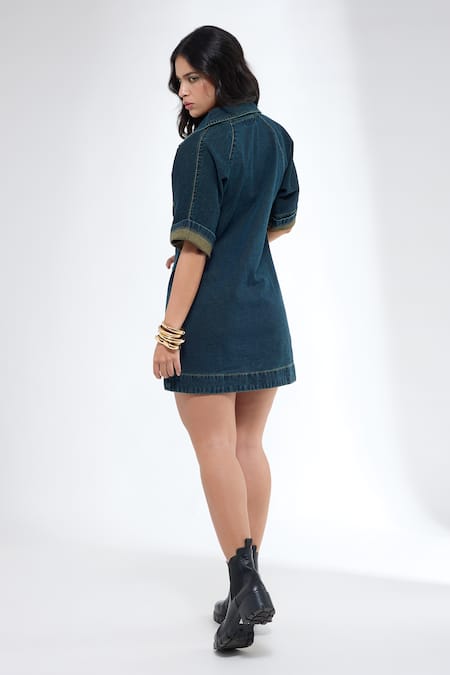 Krati Jain Teal Denim Zip Shift Dress 