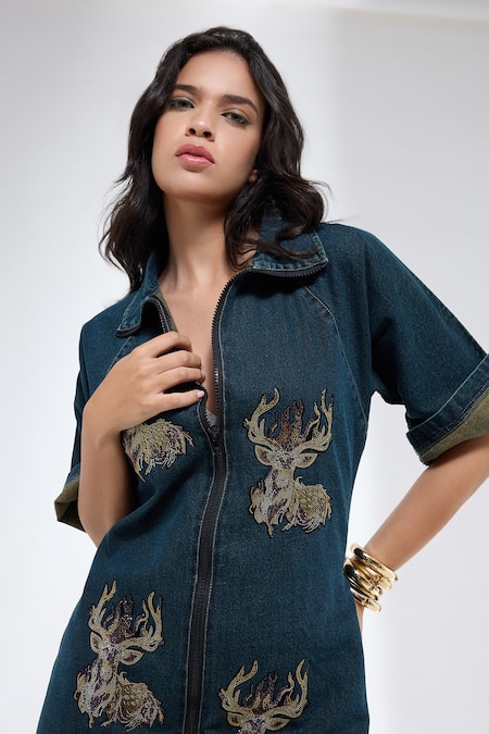 Shop_Krati Jain_Teal Denim Studs Collared Zip Shift Dress _Online_at_Aza_Fashions