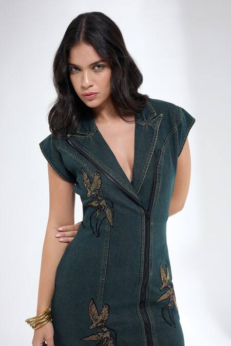 Buy_Krati Jain_Teal Denim Embroidery V-neck Jacket Style Dress _Online_at_Aza_Fashions