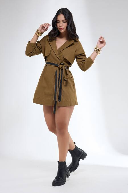 Krati Jain_Brown Denim Collared Khaki Trench Style Dress _Online_at_Aza_Fashions