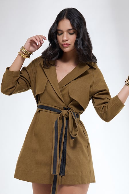 Krati Jain_Brown Denim Collared Khaki Trench Style Dress _at_Aza_Fashions