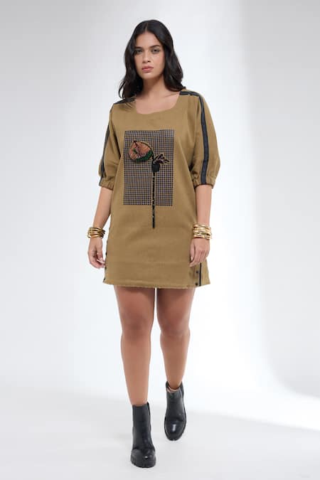 Krati Jain_Brown Denim Embroidery Round Neck Khaki Shift Dress _Online_at_Aza_Fashions