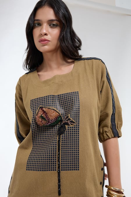 Shop_Krati Jain_Brown Denim Embroidery Round Neck Khaki Shift Dress _Online_at_Aza_Fashions