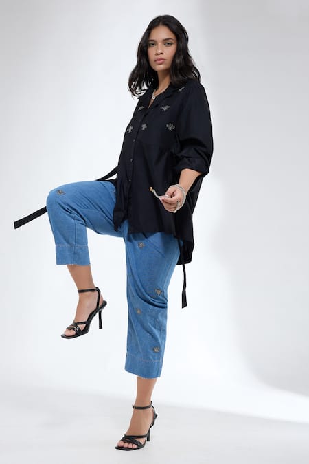 Krati Jain_Black Cotton Embroidery Collared Bug Motif Shirt _Online_at_Aza_Fashions