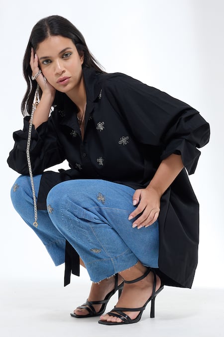 Shop_Krati Jain_Black Cotton Embroidery Collared Bug Motif Shirt _Online_at_Aza_Fashions