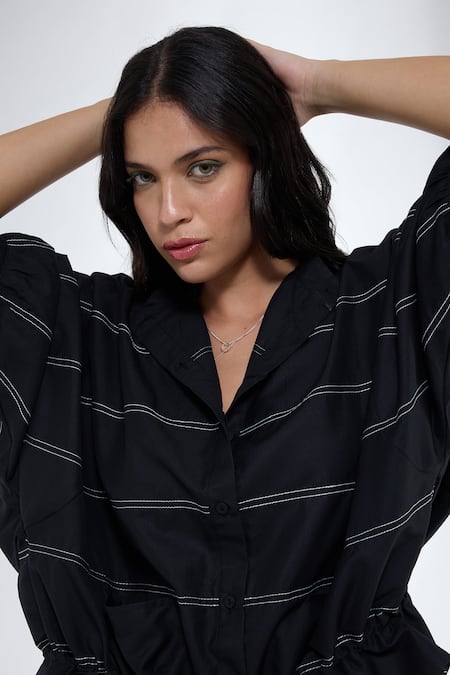 Shop_Krati Jain_Black Cotton Collared Anti Fit Shirt _Online_at_Aza_Fashions