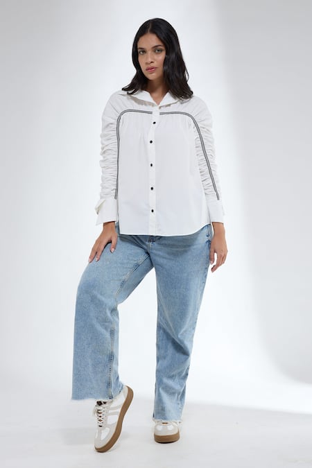 Krati Jain_White Cotton Collared Gathered Sleeve Shirt _Online_at_Aza_Fashions