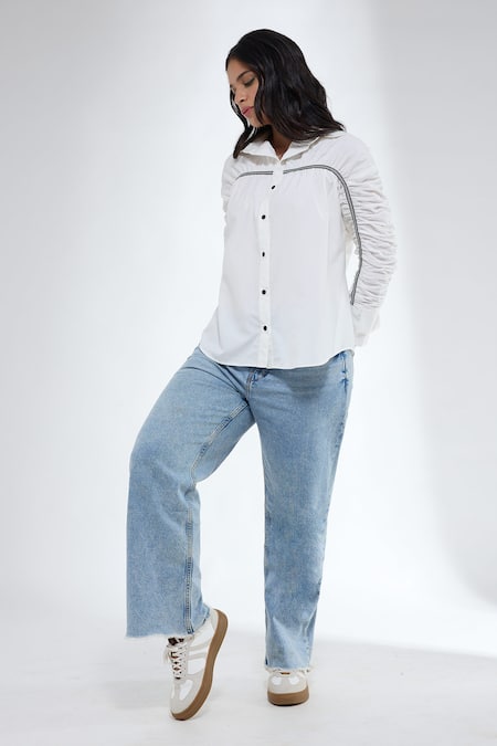 Buy_Krati Jain_White Cotton Collared Gathered Sleeve Shirt _Online_at_Aza_Fashions