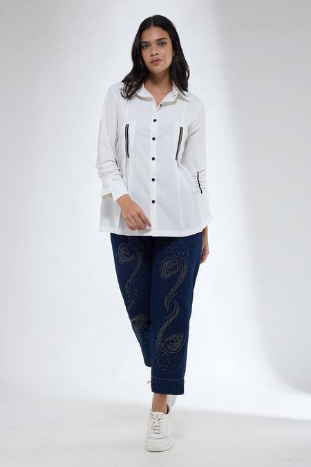 Krati Jain_White Cotton Collared Semi Fit Zip Detail Shirt _Online_at_Aza_Fashions