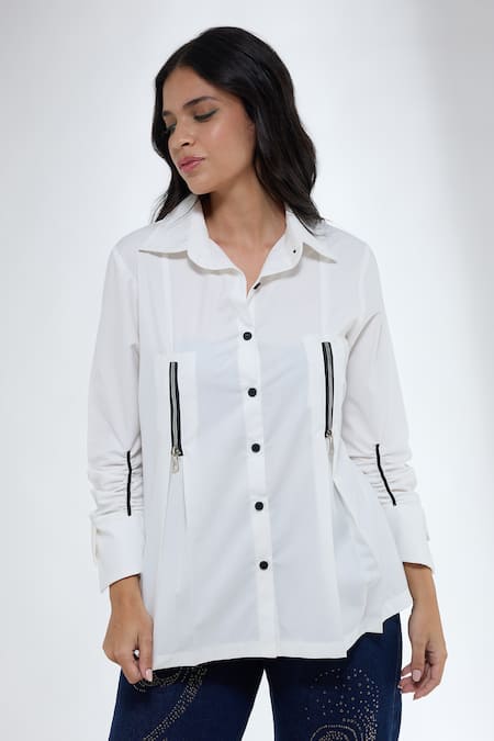 Buy_Krati Jain_White Cotton Collared Semi Fit Zip Detail Shirt _Online_at_Aza_Fashions