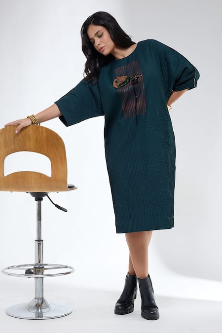 Buy_Krati Jain_Green Cotton Embroidery Round Neck Teal Floral Mid Calf Tunic _Online_at_Aza_Fashions