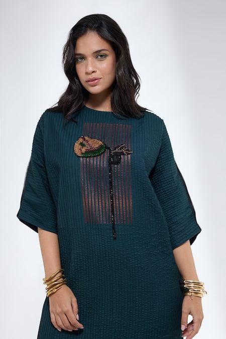Shop_Krati Jain_Green Cotton Embroidery Round Neck Teal Floral Mid Calf Tunic _Online_at_Aza_Fashions