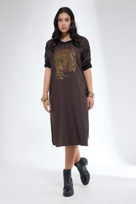 Krati Jain Brown Cotton Crew Neck Tiger Motif Blend Tunic 