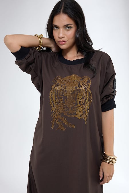 Krati Jain_Brown Cotton Crew Neck Tiger Motif Blend Tunic _Online_at_Aza_Fashions