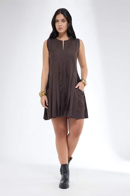 Krati Jain Brown Cotton Round Neck Pleated Sleeveless Tennis Dress 