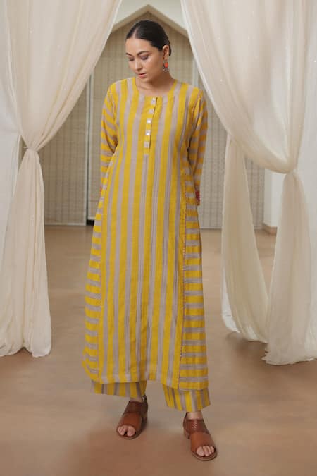 Buy_Rekha Agra_Yellow Chanderi Silk, Cotton Embroidery Round Neck Striped Kurta Pant Set _Online_at_Aza_Fashions