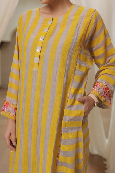 Shop_Rekha Agra_Yellow Chanderi Silk, Cotton Embroidery Round Neck Striped Kurta Pant Set _Online_at_Aza_Fashions