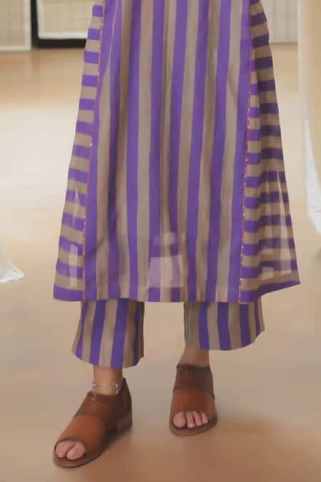 Rekha Agra_Purple Chanderi, Silk, Cotton Embroidery Round Neck Striped Kurta Set _Online_at_Aza_Fashions