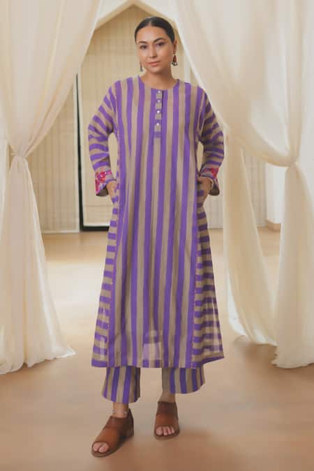 Rekha Agra Purple Striped Chanderi Kurta Set 