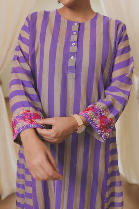 Rekha Agra Purple Striped Chanderi Kurta Set 