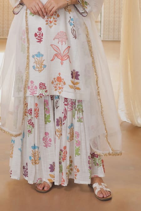 Rekha Agra_White Handloom Cotton, Organza Embroidery, Zari Floral Printed Sharara Set _Online_at_Aza_Fashions