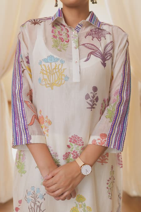 Buy Rekha Agra White Chanderi Silk, Cotton Embroidery Collared Floral Kurta Set Online at Aza Fashions Buy_Rekha Agra_White Chanderi Silk, Cotton Embroidery Collared Floral Kurta Set _Online_at_Aza_Fashions