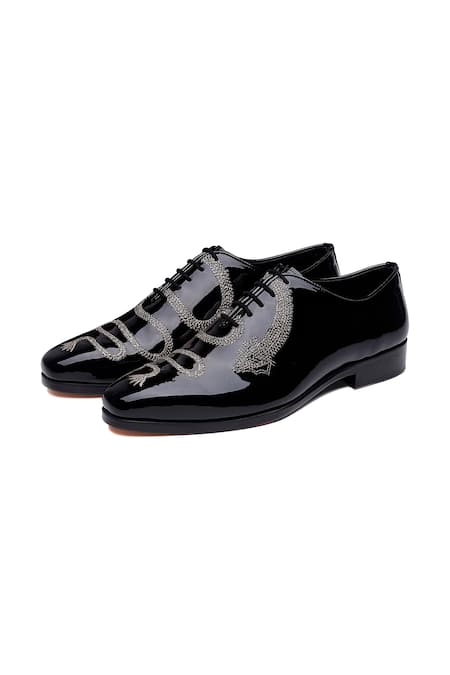 Buy Shutiq Black Embroidery Sesha Dragon Stitched Patent Leather Shoes Online at Aza Fashions Buy_Shutiq_Black Embroidery Sesha Dragon Stitched Patent Leather Shoes _Online_at_Aza_Fashions