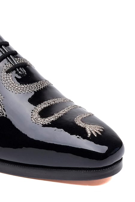 Shop Shutiq Black Embroidery Sesha Dragon Stitched Patent Leather Shoes Online at Aza Fashions Shop_Shutiq_Black Embroidery Sesha Dragon Stitched Patent Leather Shoes _Online_at_Aza_Fashions