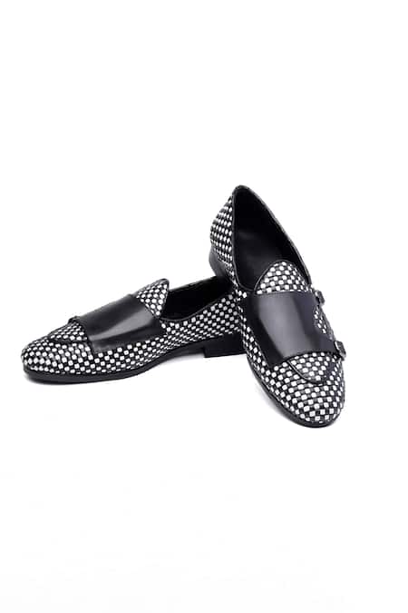 Shutiq Black Tessera Woven Leather Monk Shoes 