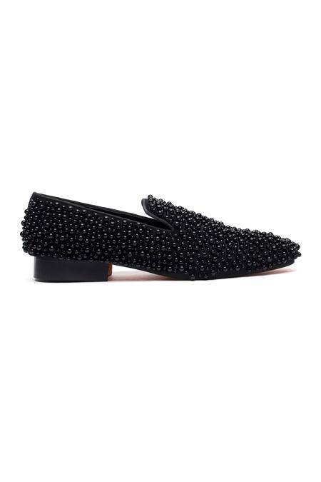 Shutiq_Black Margarita Coal Pearl Embellished Loafers _Online_at_Aza_Fashions